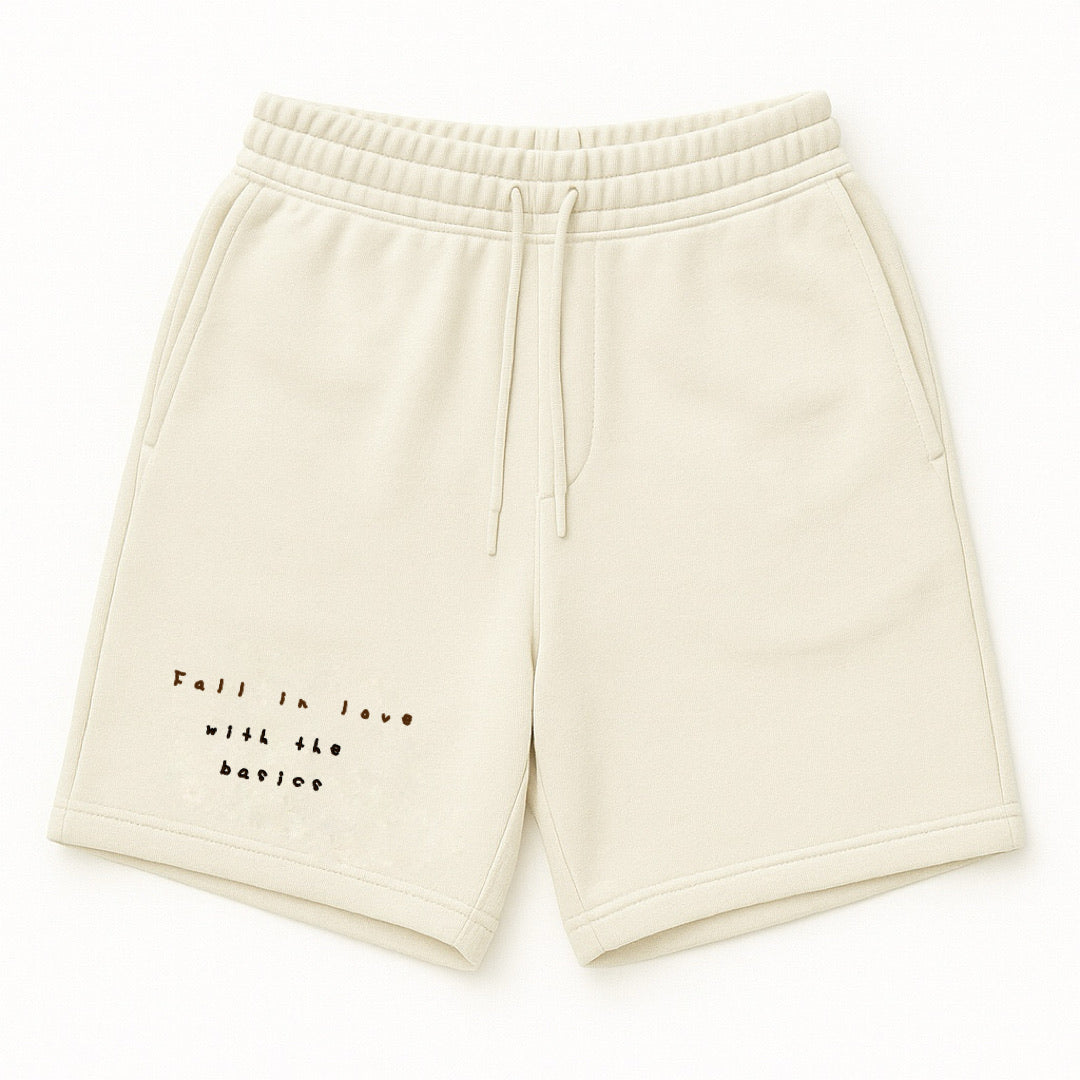 Front look of Cream color Affirmation sweatshorts by ENDEN BRAND
