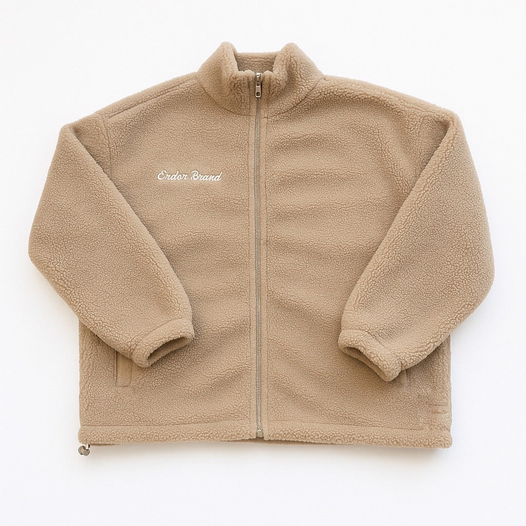 Front view of brown color Sherpa fleece jacket by ENDEN BRAND with soft, fluffy