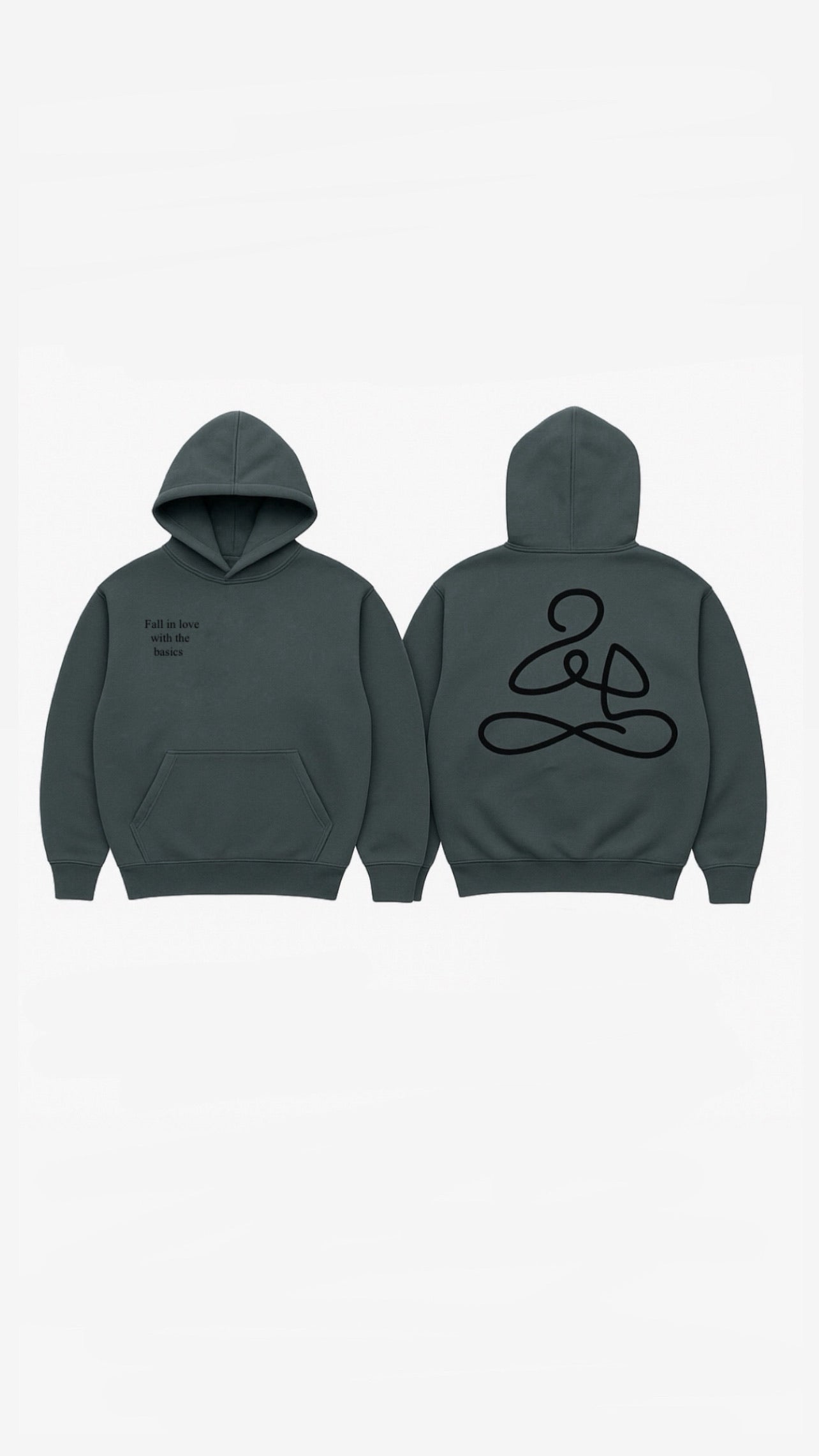 Front and the back view of grey hoodie with “Fall in Love with the Basics” text, from ENDEN BRAND’s mindful streetwear collection.