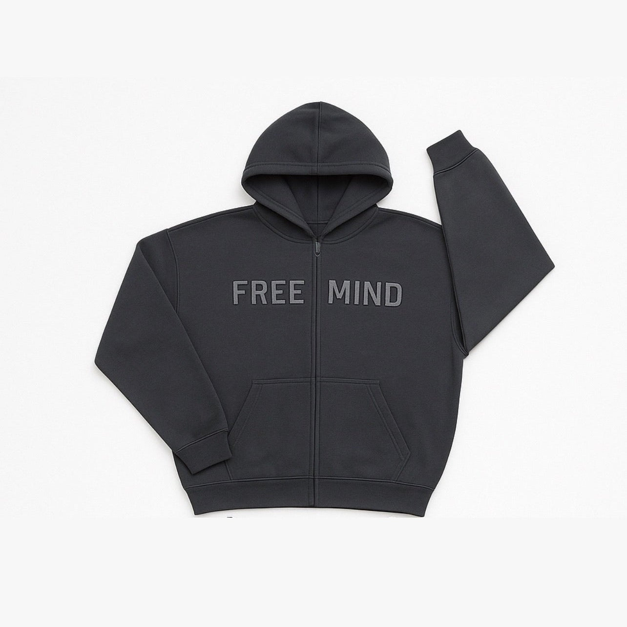 Grey zip-up hoodie with “Free Mind” affirmation text, part of Enden Brand’s mindful streetwear collection for women.