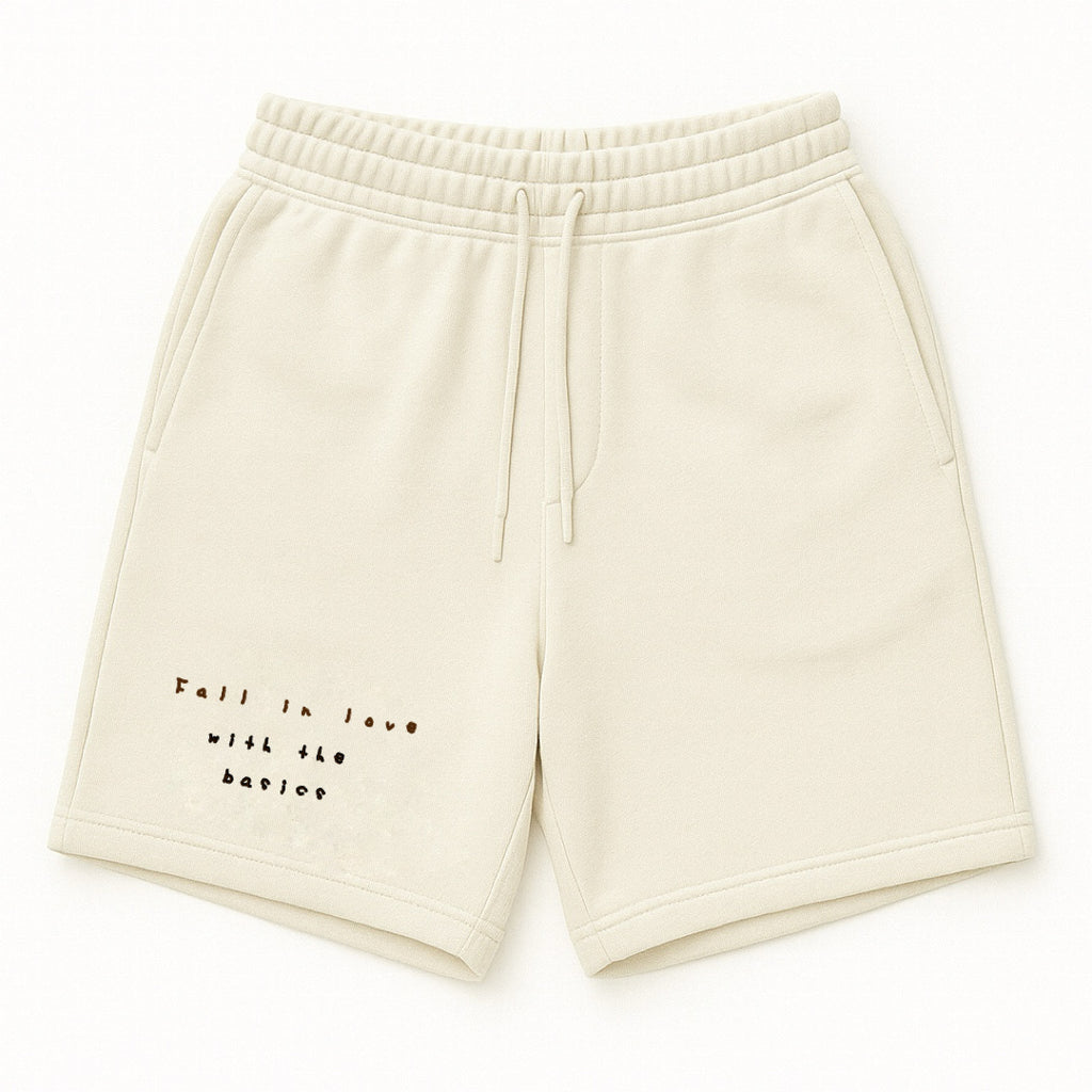 Front look of Cream color Affirmation sweatshorts by ENDEN BRAND