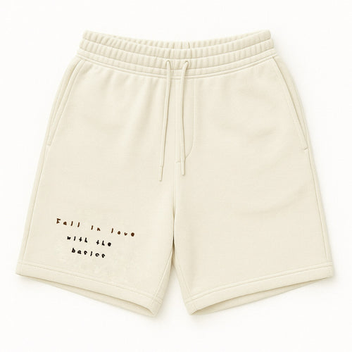 Front look of Cream color Affirmation sweatshorts by ENDEN BRAND