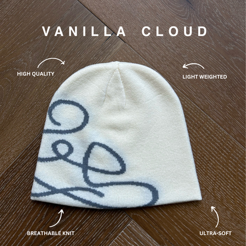 Close-up of knit texture on cream beanie by ENDEN BRAND