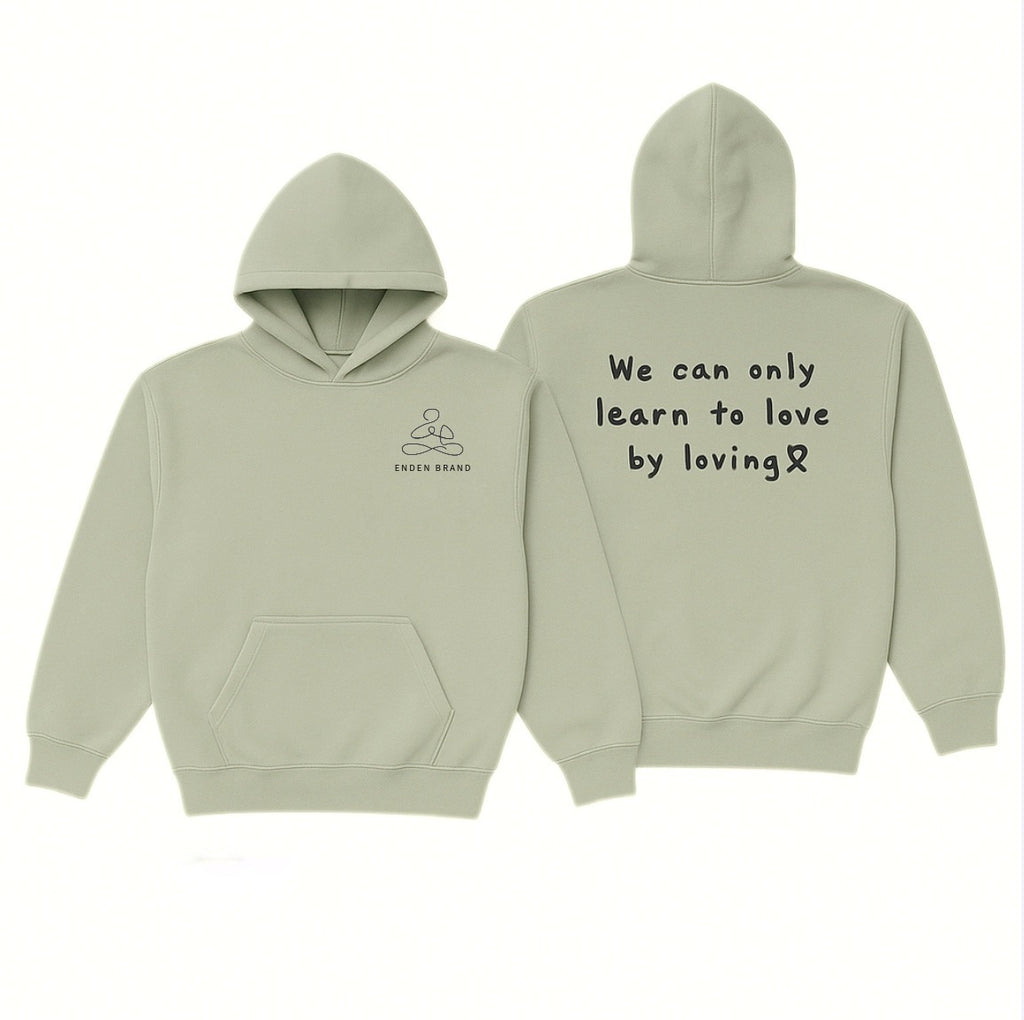 Front view of green Lover Hoodie by ENDEN BRAND with puff print design and affirmation