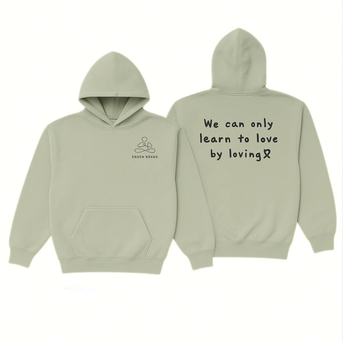 Front view of green Lover Hoodie by ENDEN BRAND with puff print design and affirmation