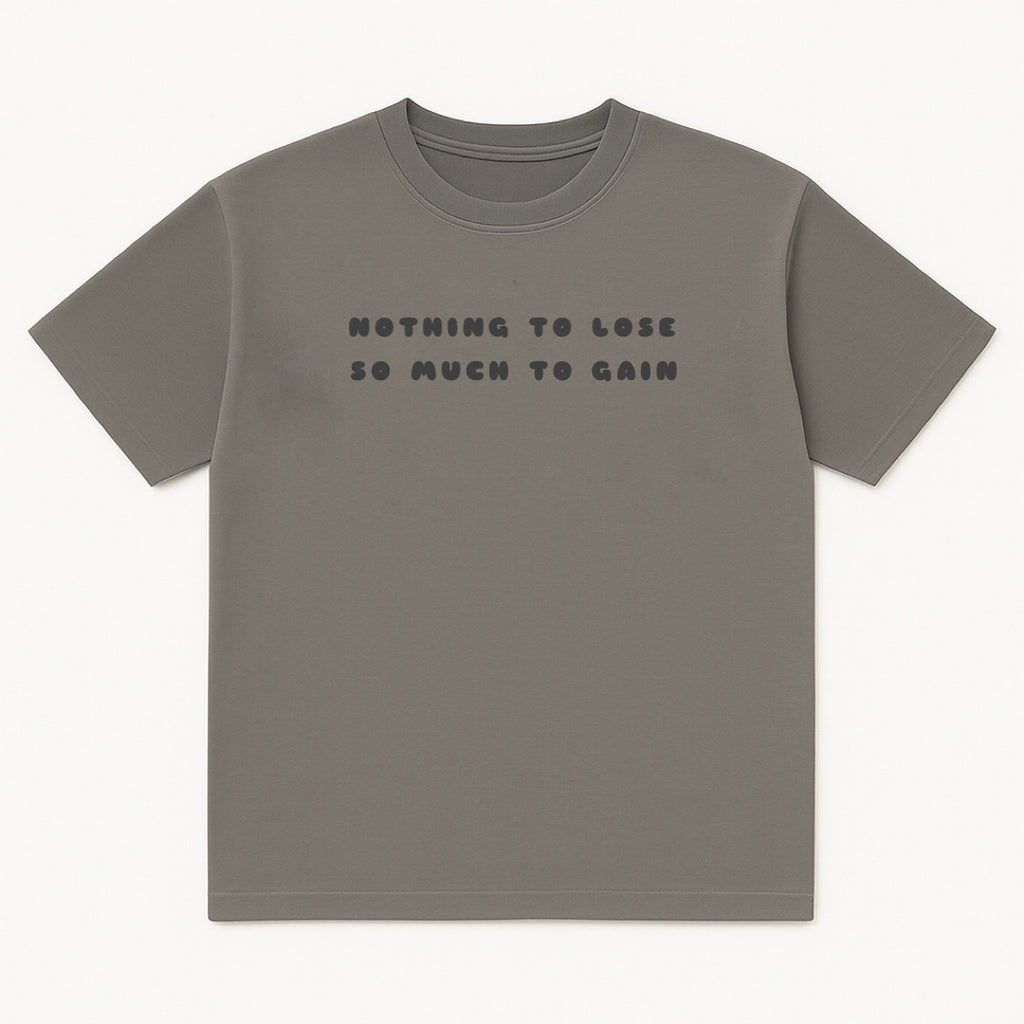  Front view of dark grey ENDEN BRAND t-shirt featuring affirmation design