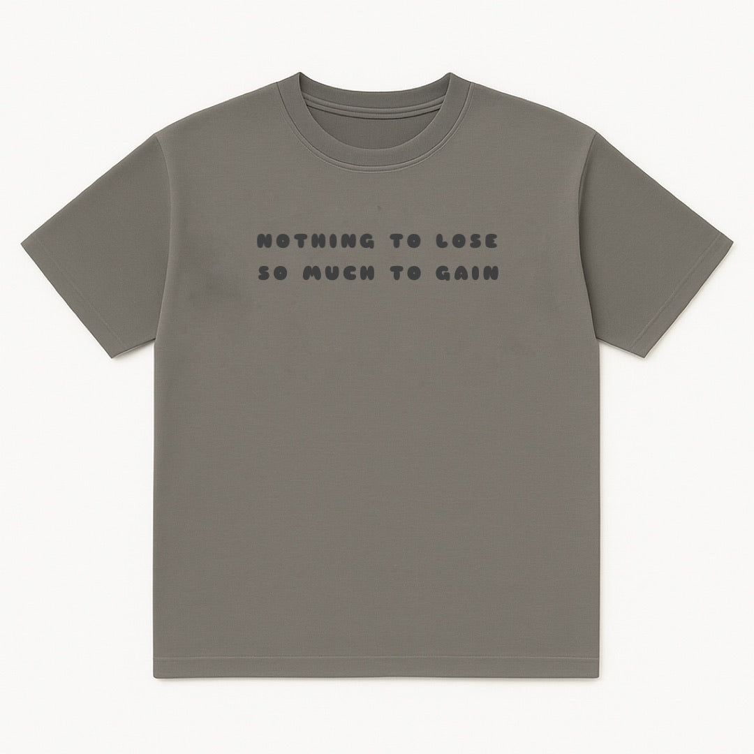  Front view of dark grey ENDEN BRAND t-shirt featuring affirmation design