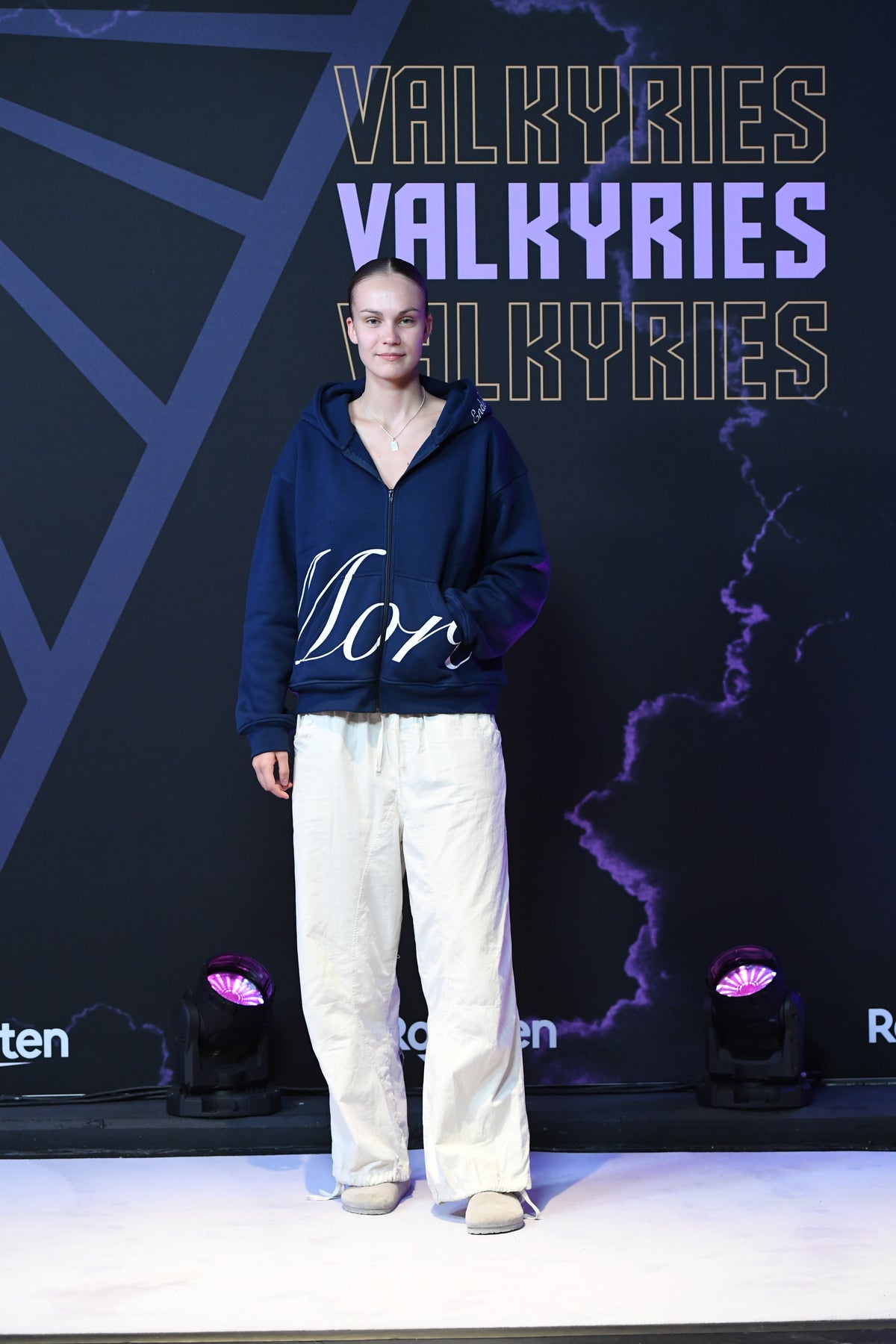 Justė Jocytė wearing the Navy More Life zip-up in a Golden State Valkyries tunnel fit