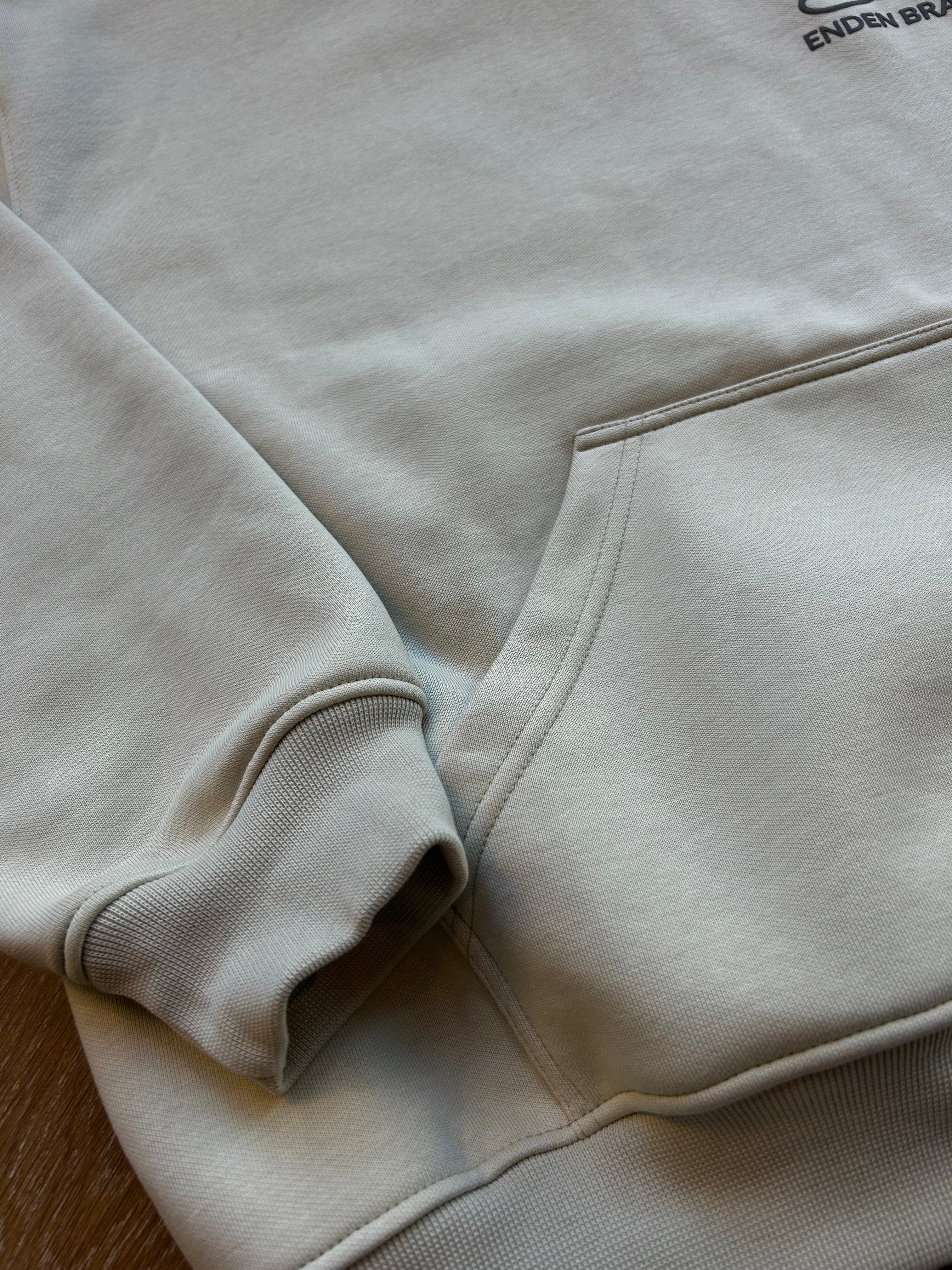 Close-up of “Lover” puff print on chest of ENDEN BRAND hoodie