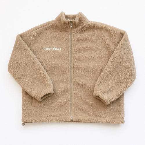 Front view of brown color Sherpa fleece jacket by ENDEN BRAND with soft, fluffy