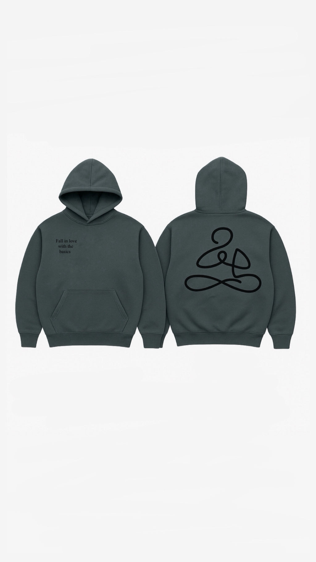 Front and the back view of grey hoodie with “Fall in Love with the Basics” text, from ENDEN BRAND’s mindful streetwear collection.