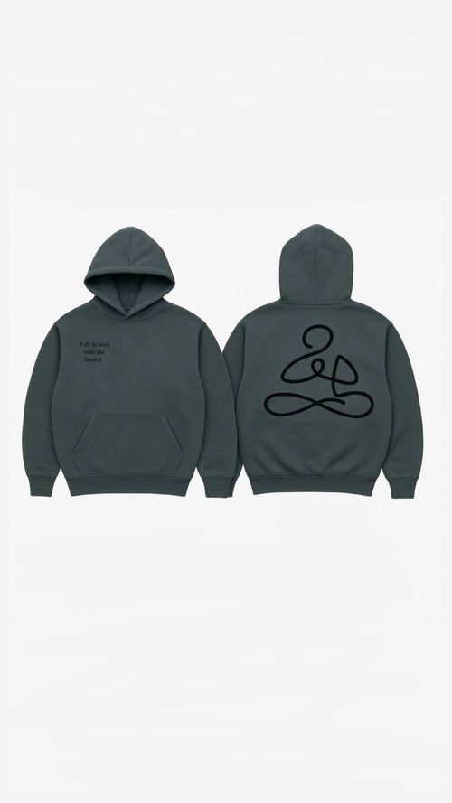 Front and the back view of grey hoodie with “Fall in Love with the Basics” text, from ENDEN BRAND’s mindful streetwear collection.