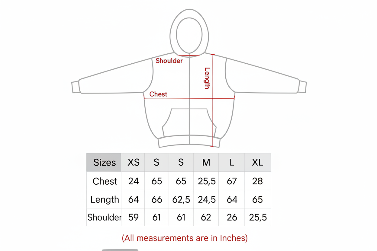 Hoodie Size Chart in Inches