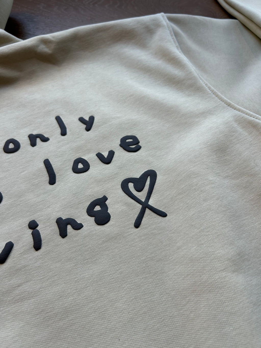 Quote and stitching detail of ENDEN BRAND Lover Hoodie puff print