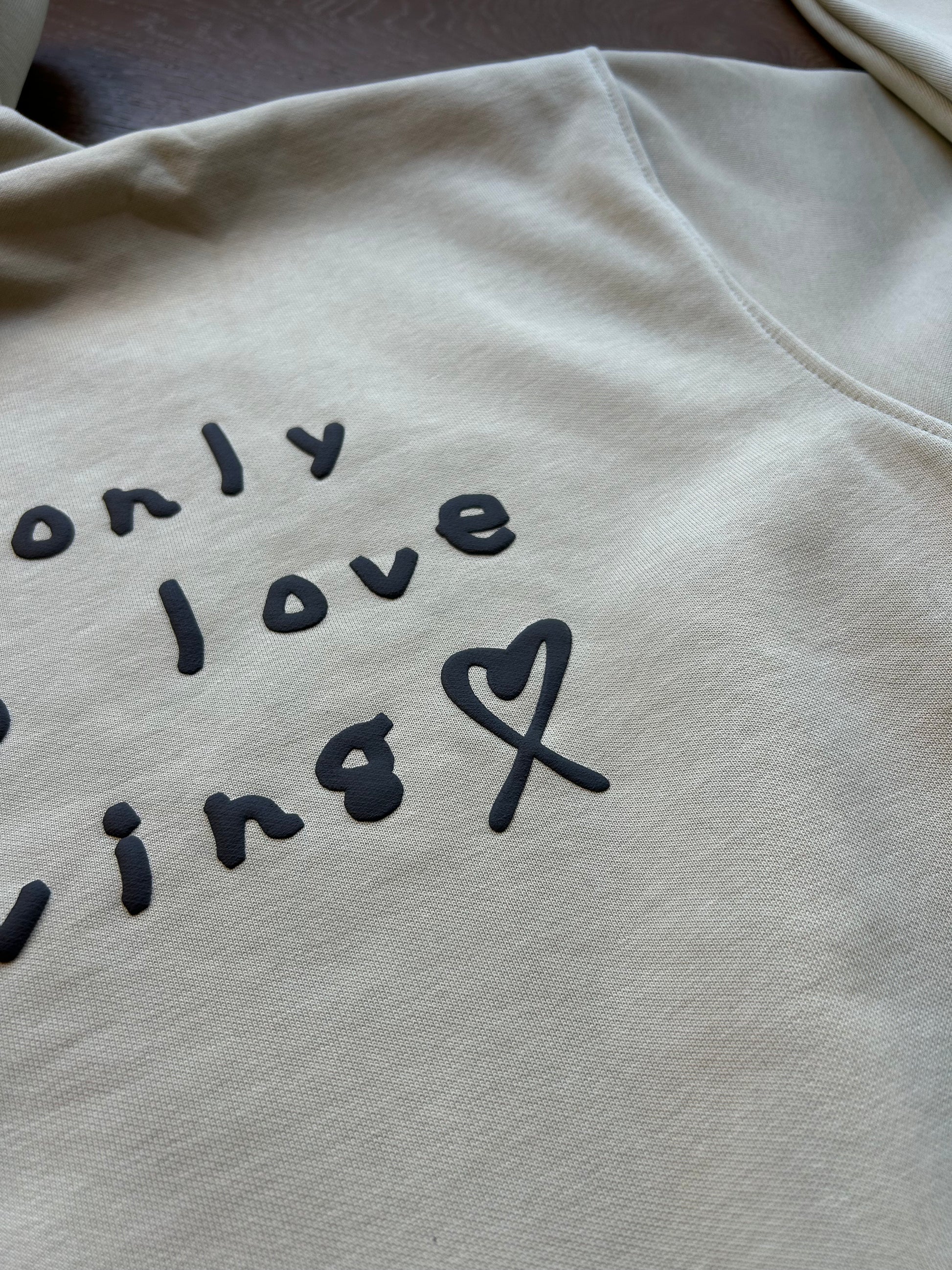 Quote and stitching detail of ENDEN BRAND Lover Hoodie puff print